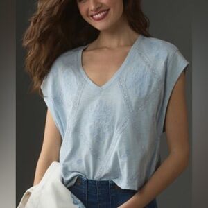 Anthropology Short-Sleeve V-neck Boxy Lattice Top Sky Blue